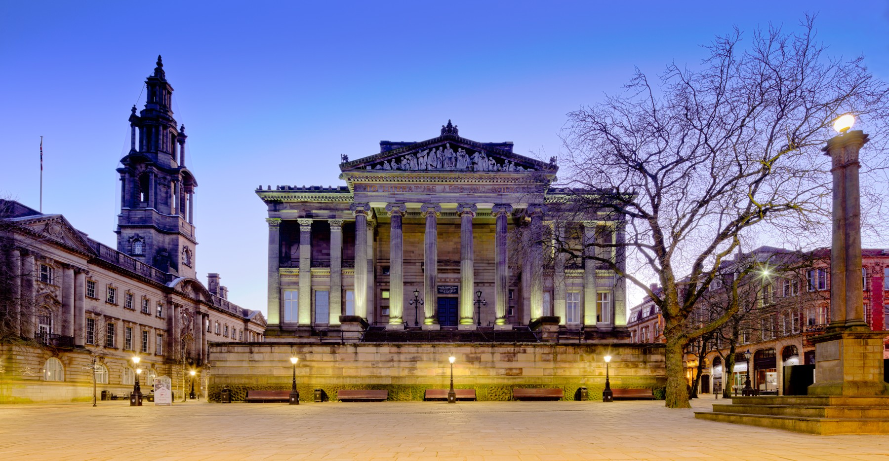 The Harris Museum, Art Gallery and Library illuminated at night in Preston